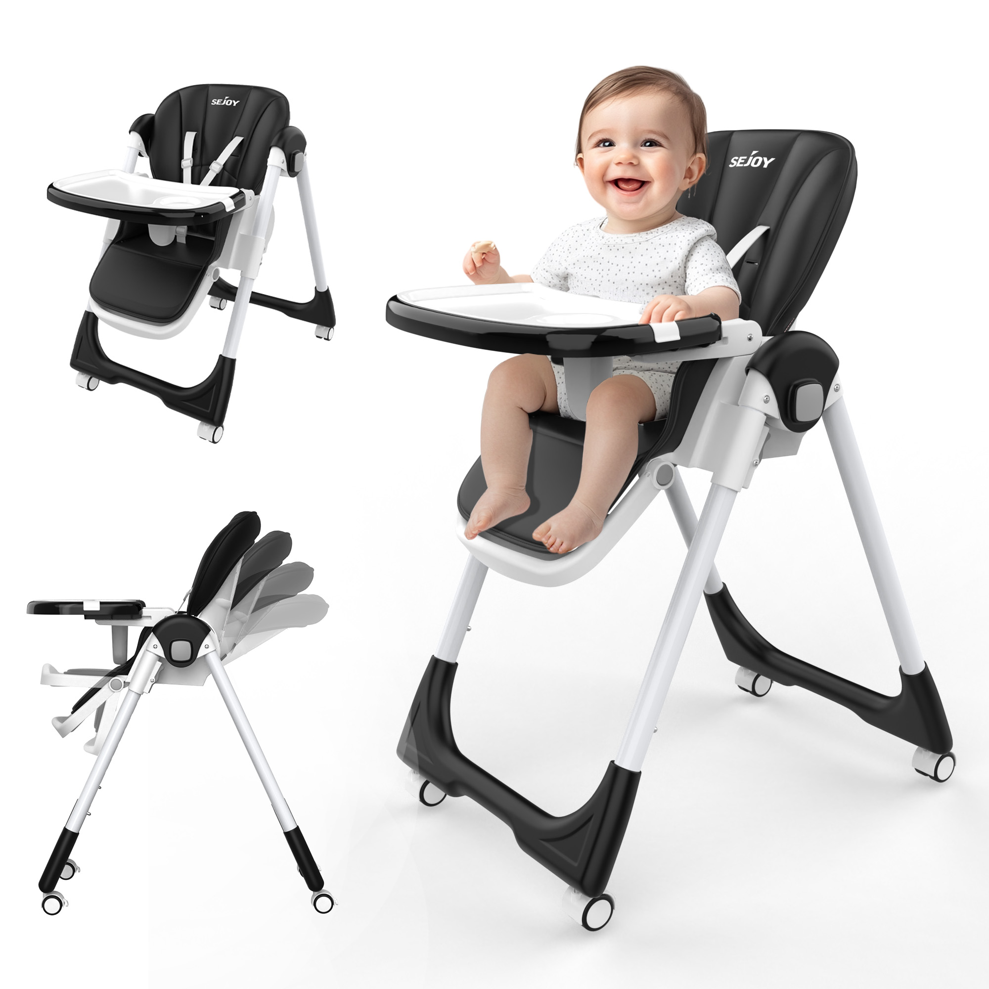 Baby Food Chair - เก้าอี้เด็กปรับระดับได้ Sejoy พร้อมสายรัดนิรภัย 5 จุด ถาด