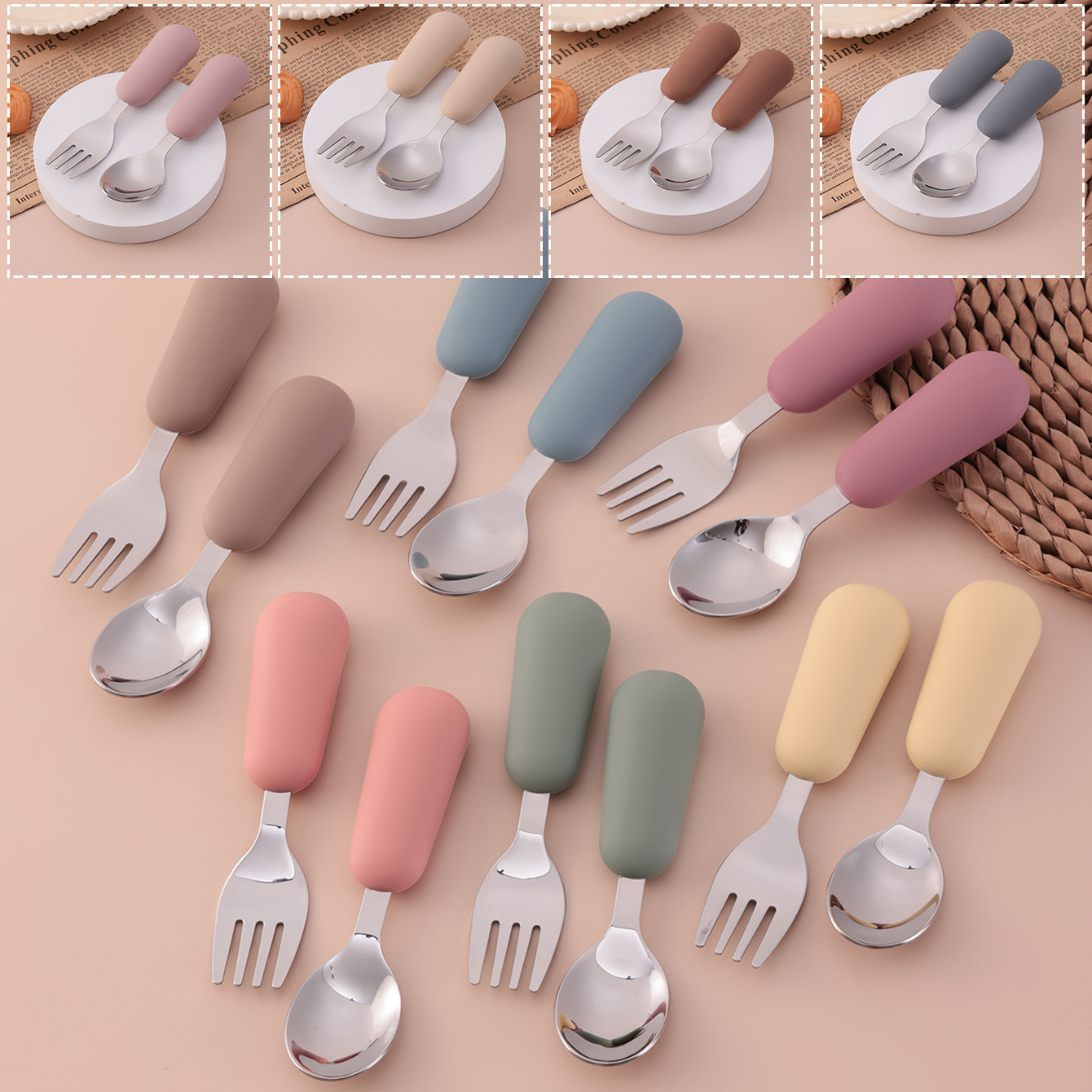 Baby Food Utensils Set - สีเด็ก 2PCS สแตนเลสสตีลช้อนส้อมชุดให้อาหารเด็กเป็นมิตรกับสิ่งแวดล้อมเด็กวัยหัดเดินภาชนะ BPA ฟรีเด็กอาหารเย็นเด็ก Stuff