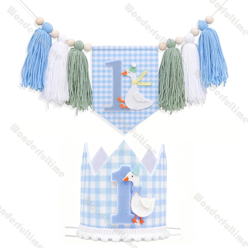 Baby Food Chair - ธงปักชื่อเด็กแบบผ้ากระสอบสีฟ้าชมพู พร้อมหมวกวันเกิดสำหรับงานรับศีลล้างบาป งานเลี้ยงฉลองทารก งานเปิดเผยเพศ