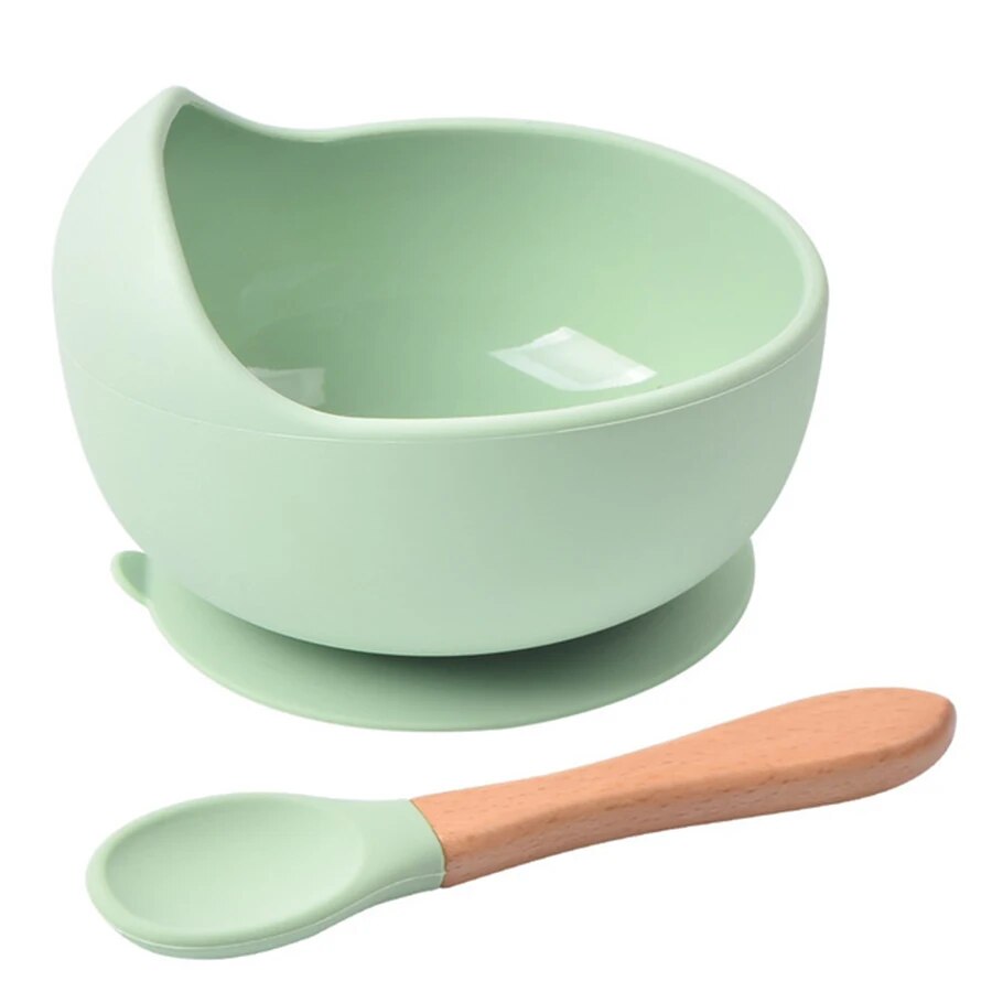 Baby Food Guide - จานชามอาหารซิลิโคนกันหกสำหรับเด็กช้อนรับประทานอาหารเย็นช้อนรับประทานอาหารซิลิโคนเกรดอาหารสำหรับเด็ก