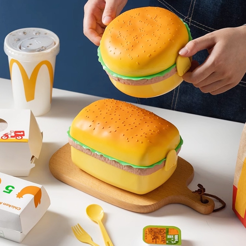 Baby Food Container - แฮมเบอร์เกอร์กล่องอาหารกลางวันคู่ชั้นน่ารักเบอร์เกอร์กล่อง Bento ไมโครเวฟเด็กโรงเรียนอาหารอาหารส้อมชุดของขวัญ