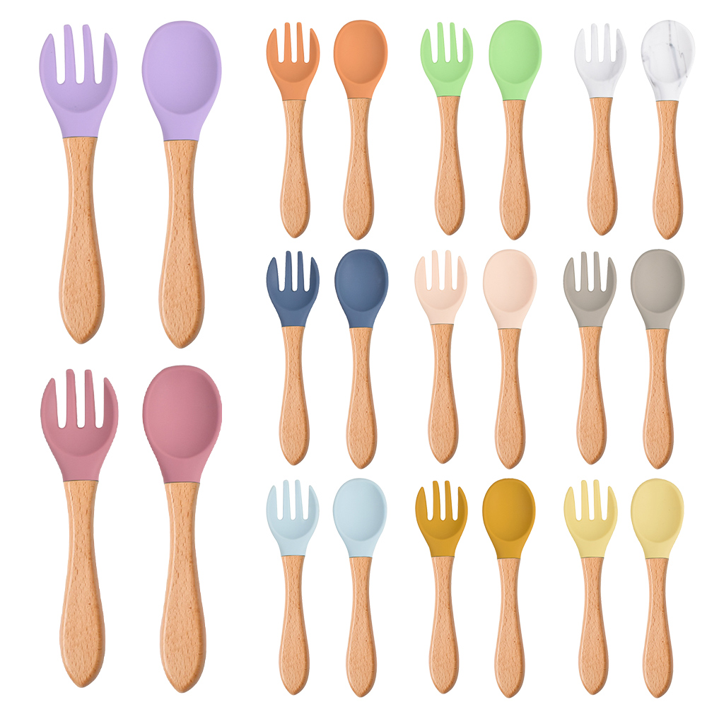 Baby Food Lunch - 2 ชิ้น/เซ็ตเด็กซิลิโคนช้อนส้อมไม้ Handle Baby Feeding Tableware