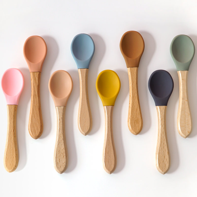 Baby Food Guide - ให้อาหารไม้ Handle ช้อนซิลิโคนสําหรับทารกอุปกรณ์กิน Soild อาหารเด็กการฝึกอบรมความสามารถในการจัดการชุดอาหารเด็ก