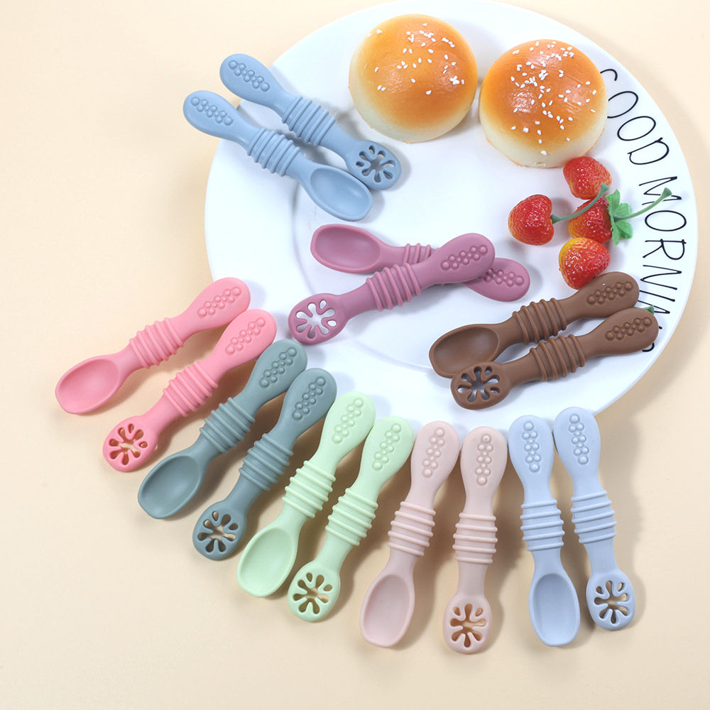 Baby Food Utensils Set - 2PCS เด็กน่ารักการเรียนรู้ช้อนชุดช้อนซิลิโคนเกรดอาหาร Sticky ช้อนเด็กช้อนส้อมการฝึกอบรมช้อนบนโต๊ะอาหาร
