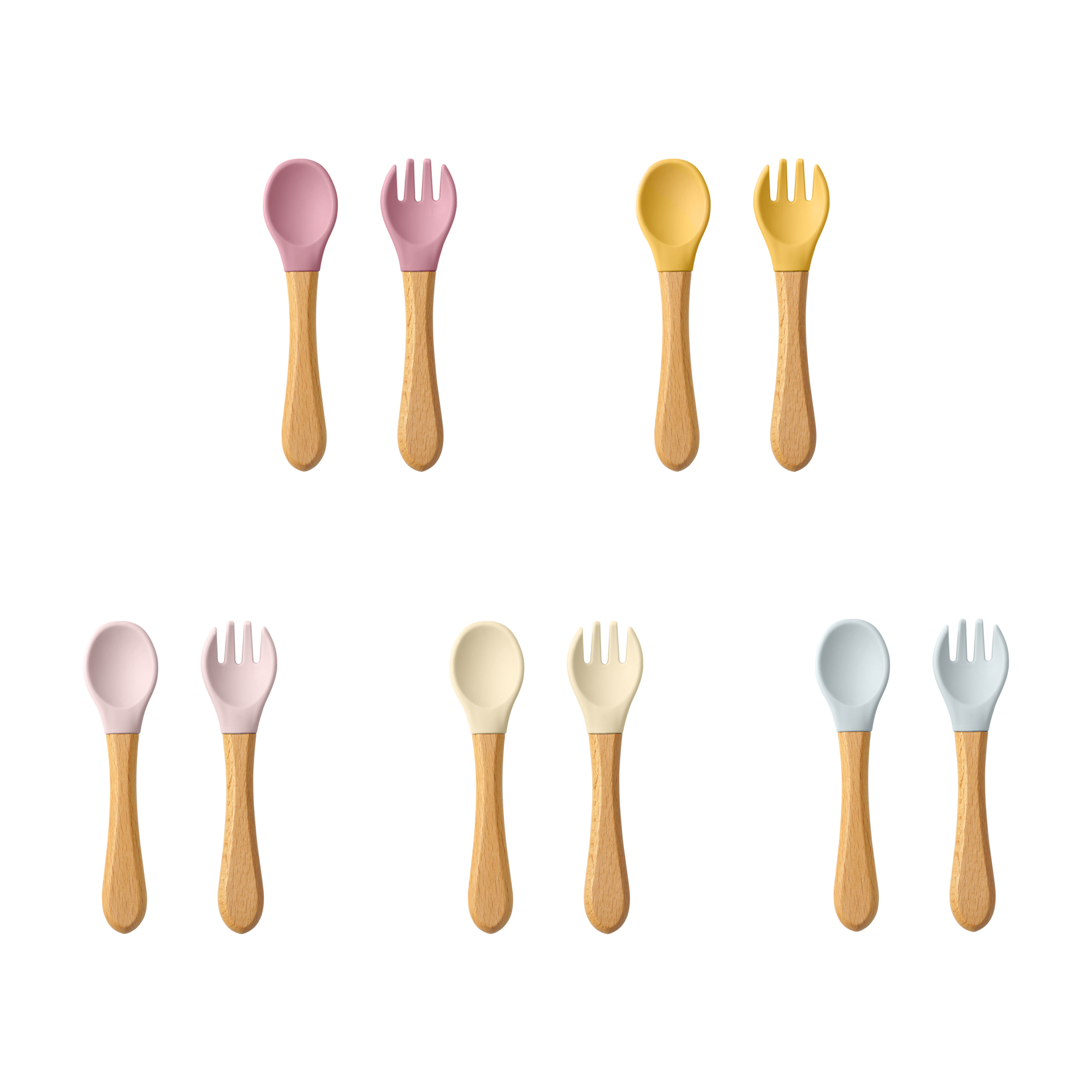 Baby Food Guide - 2PCS เด็กการเรียนรู้ช้อนชุดอาหารเกรดไม้ Handle ซิลิโคนช้อนส้อมช้อนส้อมการฝึกอบรมช้อนบนโต๊ะอาหาร