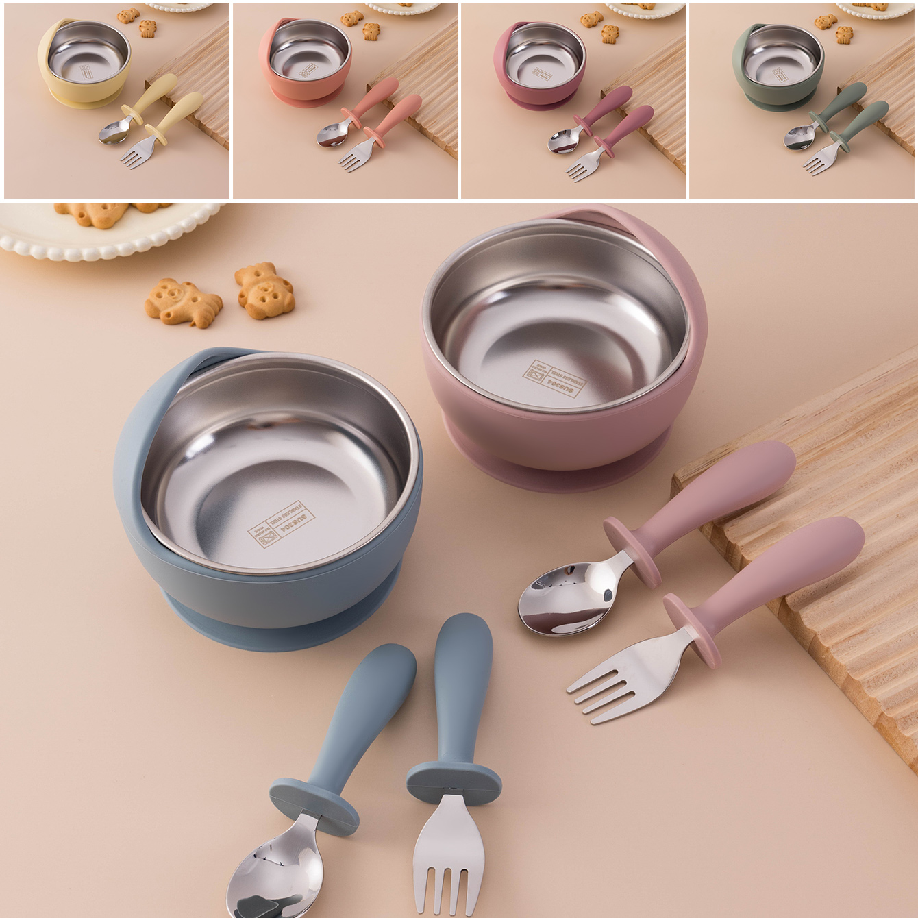 สีเด็ก 3PCS สแตนเลสสตีลซิลิโคน - Baby Food Utensils Set บทวิจารณ์และราคา