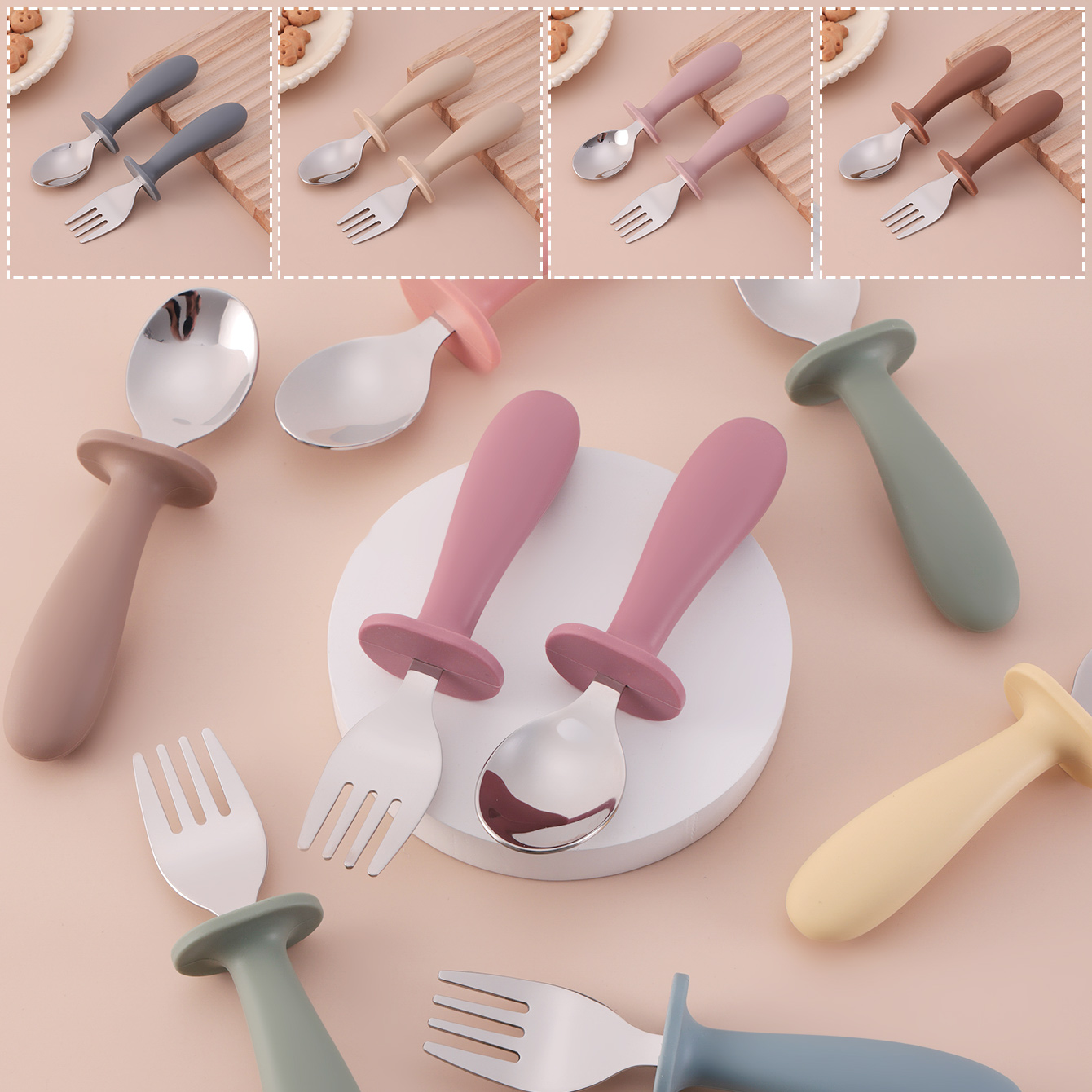 สีเด็ก 2PCS สแตนเลสสตีลช้อนส้อ - Baby Food Utensils Set บทวิจารณ์และราคา
